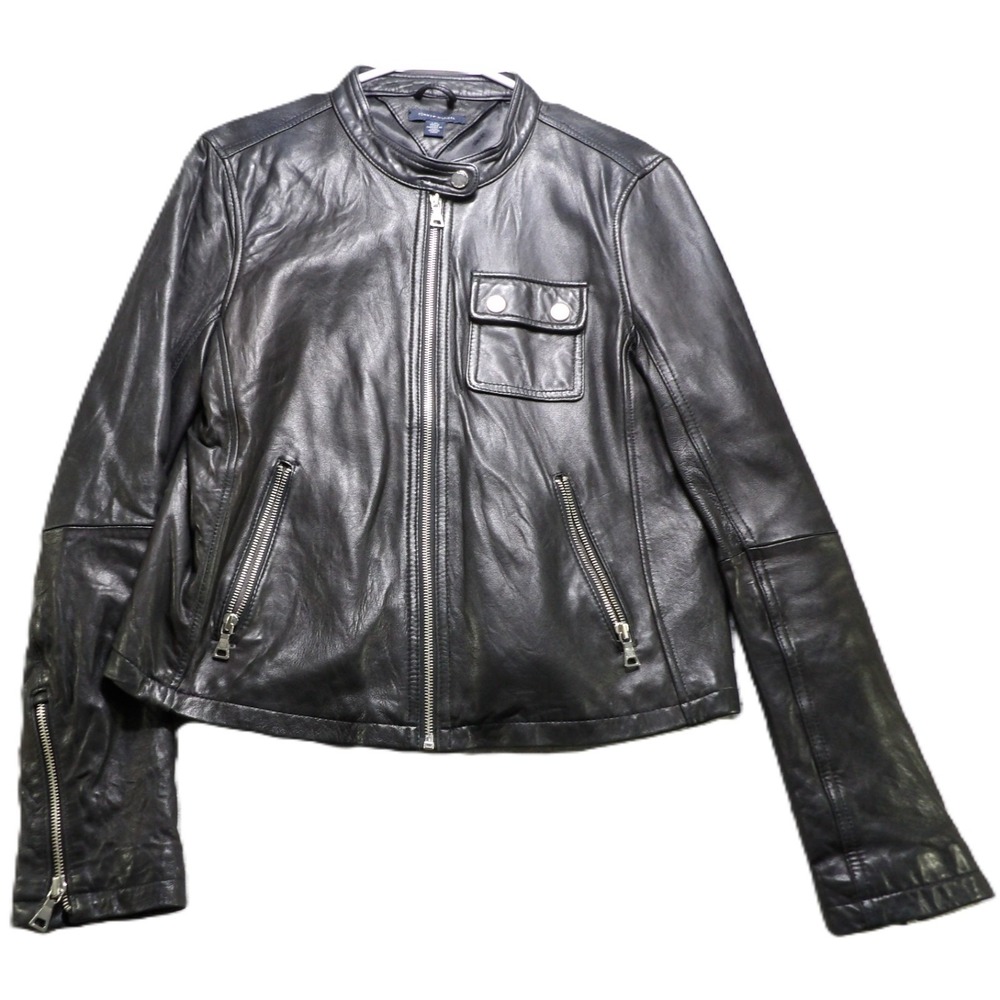 VTG Y2K Tommy Hilfiger Women Black Genuine Leather Moto Biker Jacket Zip Pocket